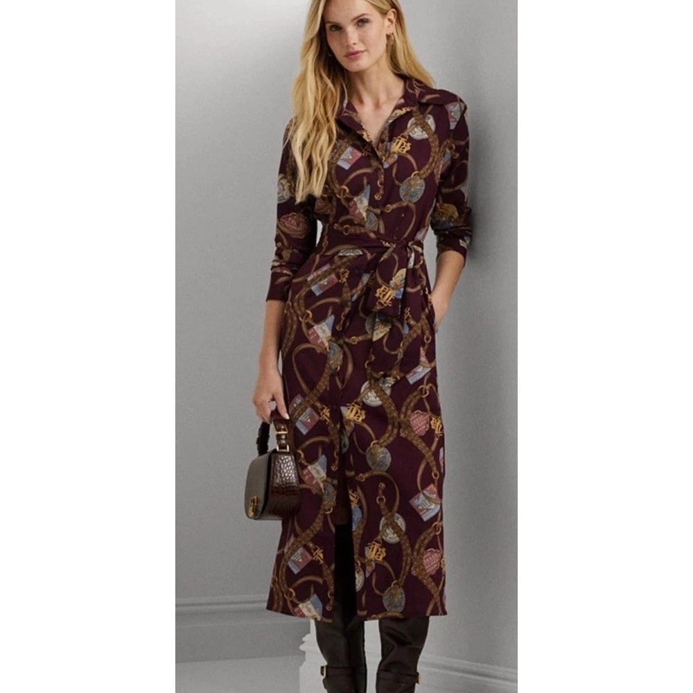 Women's Lauren Ralph Lauren Fayella Print Crepe Maxi Shirt Dress Burgundy Sz 8
